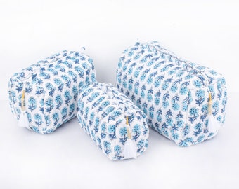 Set Of 3 Quilted Toiletry Bag, Block Print Make Up Bag, Cosmetic Bag - Free Shipping