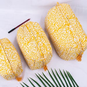 Lot de 3 trousses de maquillage matelassées jaunes, trousse de toilette en coton à imprimé bloc, trousses de toilette, trousse à cosmétiques, trousse de couleur jaune à imprimé bloc - Livraison gratuite