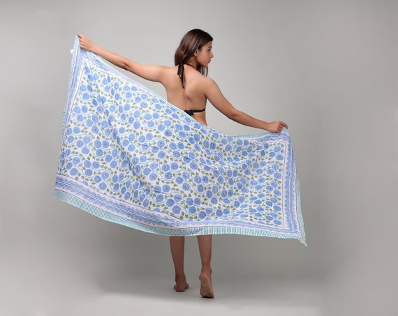 Blue Cotton Sarong For Women , Blue Beach Cover Up, Fashion Pareo Beach Wear For Her