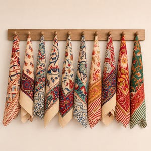 May include: Ten rectangular fabric napkins with diverse floral and geometric block-print patterns in shades of red, blue, green, and cream, each folded into a triangle and suspended from a horizontal wooden wall rack with ten round pegs.