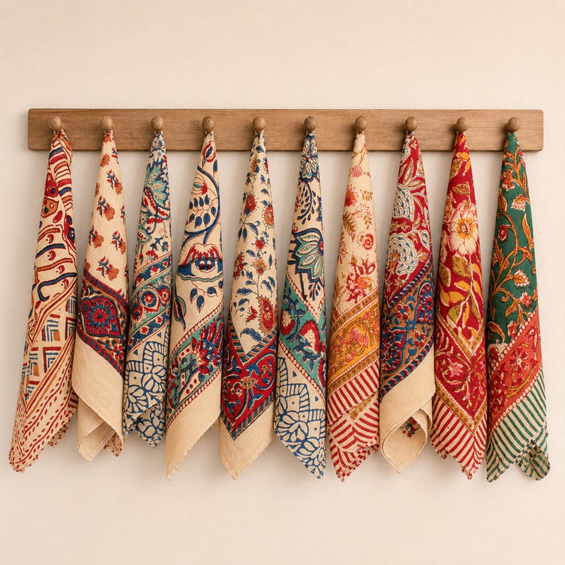 May include: Ten rectangular fabric napkins with diverse floral and geometric block-print patterns in shades of red, blue, green, and cream, each folded into a triangle and suspended from a horizontal wooden wall rack with ten round pegs.