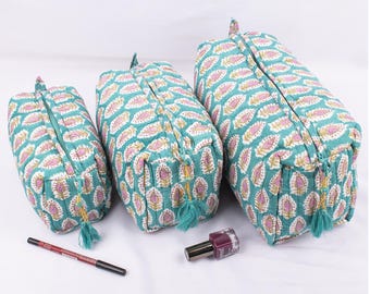 Set Of 3 Quilted Green Toiletry Bag, Block Print Color Make Up Bag, Cosmetic Bag - Free Shipping