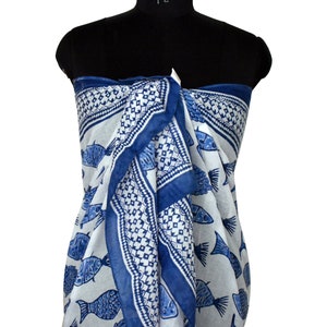 Sarong da spiaggia in cotone leggero con stampa di pesci di colore blu, copricostume sexy per bikini, regalo per gli amanti della spiaggia