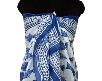 Blue Color Fish Print Light Weight Cotton Beach Wear Sarong, Sexy Bikini Cover up, Beach Lovers Gift