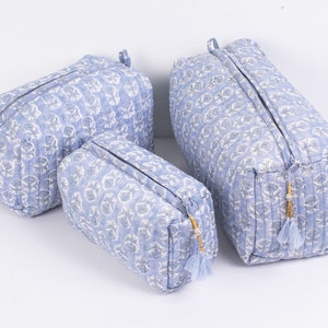 Set Of 3 Block Print Toiletry Bags, Cotton Makeup Bag, Cosmetic Bag,Block Print Bag - Free Shipping