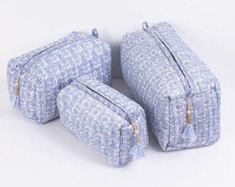 Conjunto de 3 bolsas de aseo con estampado de bloques, bolsa de maquillaje de algodón, bolsa de cosméticos, bolsa con estampado de bloques - Envío gratuito