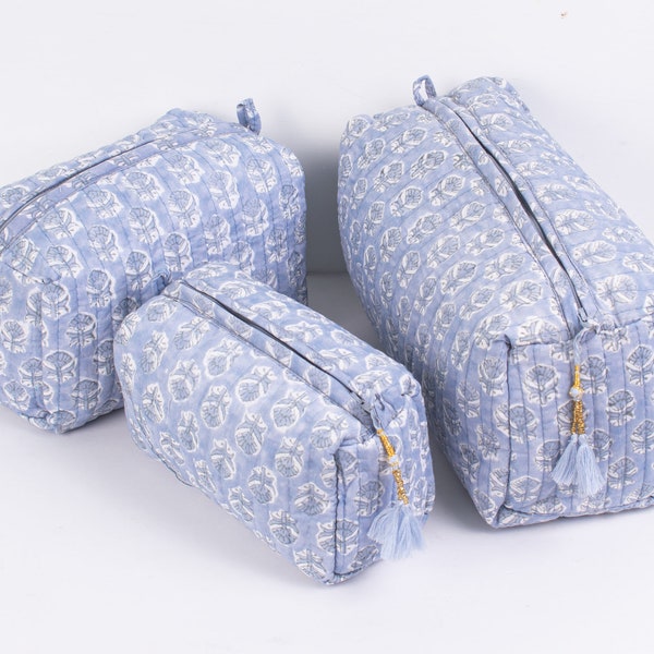 Conjunto de 3 bolsas de aseo con estampado de bloques, bolsa de maquillaje de algodón, bolsa de cosméticos, bolsa con estampado de bloques - Envío gratuito