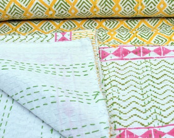 Yellow Color Hand Block Print Queen Size Kantha Quilt, Kantha Throw