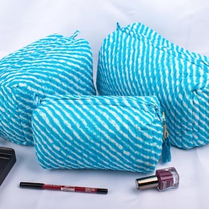 Set di 3 borse per trucchi, borsa da toilette in cotone, borse da toilette, borsa per cosmetici, borsa con stampa a blocchi - Spedizione gratuita