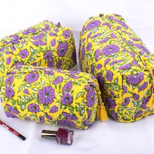 Set di 3 borse per il trucco trapuntate in cotone e organizer, beauty case in cotone, borsa da viaggio, trucco con stampa a blocchi indiani - Spedizione gratuita