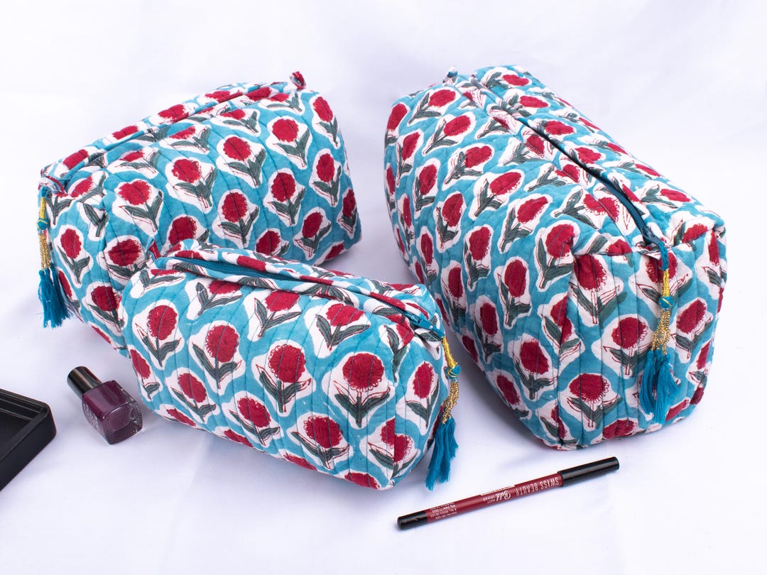 Blue - Floral Hand Block Print Quilted Toiletry Bags (Set of 3) 32