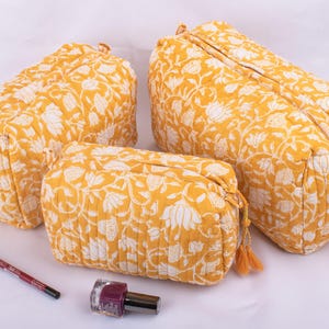 Lot de 3 trousses de toilette en coton matelassé | Trousse de toilette imperméable | Trousse de maquillage jaune Block Print | Trousse à cosmétiques - Livraison gratuite