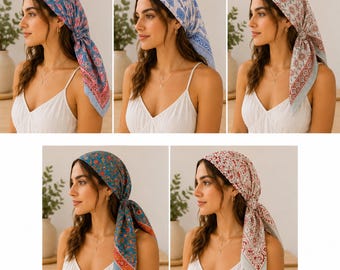 May include: A collection of five square head scarves featuring various floral and paisley patterns in blue, red, and white colorways. Each scarf is tied around the head in a triangular fold, showcasing intricate border designs and soft fabric textures.