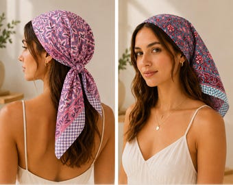 May include: Two headscarves featuring floral patterns. The left image shows a purple and pink headscarf tied at the nape with a checkered border. The right image shows a blue and pink floral headscarf draped over the head. Text reads Nape Tie and Vintage Snood.