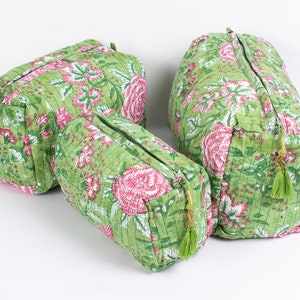Set mit 3 gesteppten Kulturbeutel, Schminktasche mit Blockprint - Kostenloser Versand