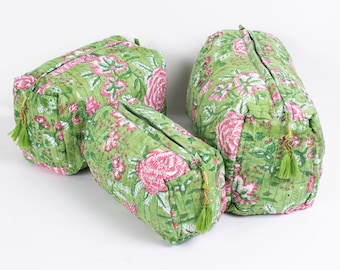 Set Of 3 Quilted Toiletry Bag, Block Print Make Up Bag, Cosmetic Bag - Free Shipping