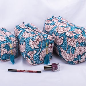3er Set Gesteppte Baumwollwaschtasche | Wasserdichter Kulturbeutel | Gelb Block Print Schminktasche | Kosmetiktasche - kostenloser Versand