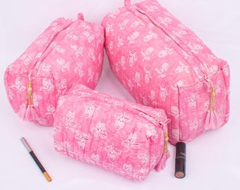 Set di 3 borse da toilette con stampa a blocchi, borsa per il trucco in cotone rosa, borsa per cosmetici, borsa con stampa a blocchi - Spedizione gratuita