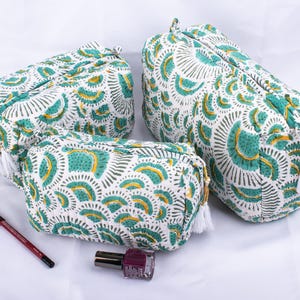 Lot de 3 trousses de maquillage, trousse de toilette en coton, trousses de toilette, trousse à maquillage, trousse de maquillage imprimé blocs