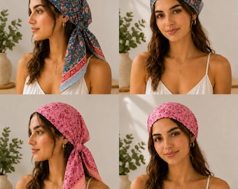 May include: A set of two headscarves worn as bandanas. One is teal with a multi-colored floral pattern and a striped border, while the other is pink with a similar floral design. Both are tied at the back of the head, showing a triangular shape.