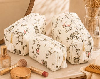 3 Makeup Bag Set Of, Cotton Toilet Bag, Toiletry Bags, Cosmetic Bag,Block Print Bag - Free Shipping