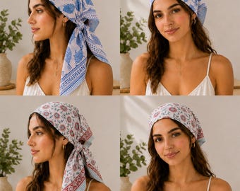 May include: A square head scarf featuring two distinct patterns: one with blue fish motifs on a white background and another with red and blue floral designs on a white background. Both scarves are tied at the back with a triangular folded shape.