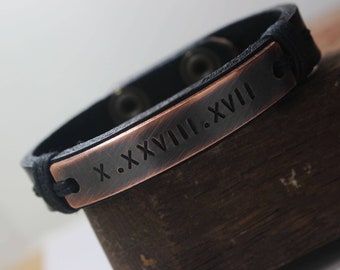 Roman Numeral-Mens Personalize Bracelet, Custom Leather Bracelet, Men Leather Bracelet, Engraved Bracelet, Bracelet For Men, Cuff Bracelet