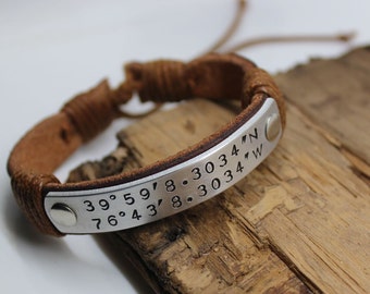 Personalized Latitude and longitude Brown Leather Bracelet, Mans Custom Bracelet, for GF, for BF ,Customized, Creative gift, Gift for him