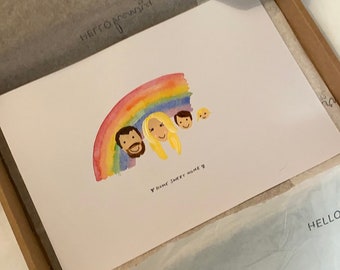 Personalised Watercolor Family Portrait with Rainbow