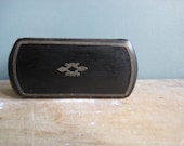 A vintage French papier mache snuff box, black papier mache with inlay, small black box, lady 39 s snuff box
