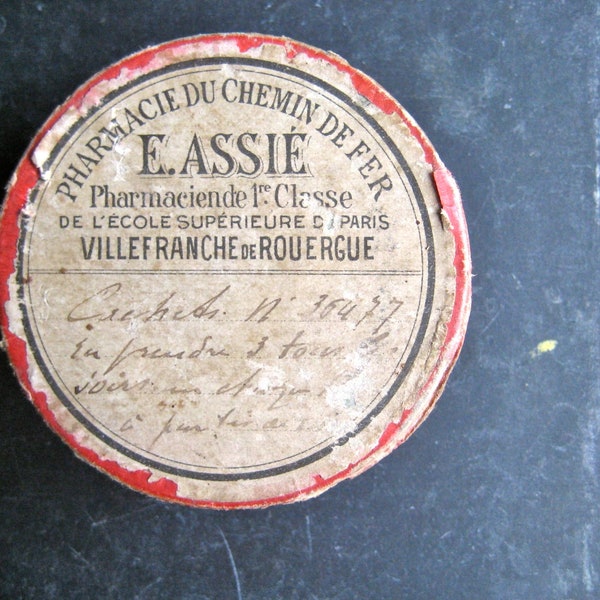 A vintage French apothecary box, card box, round box, pharmacy box, handwritten label