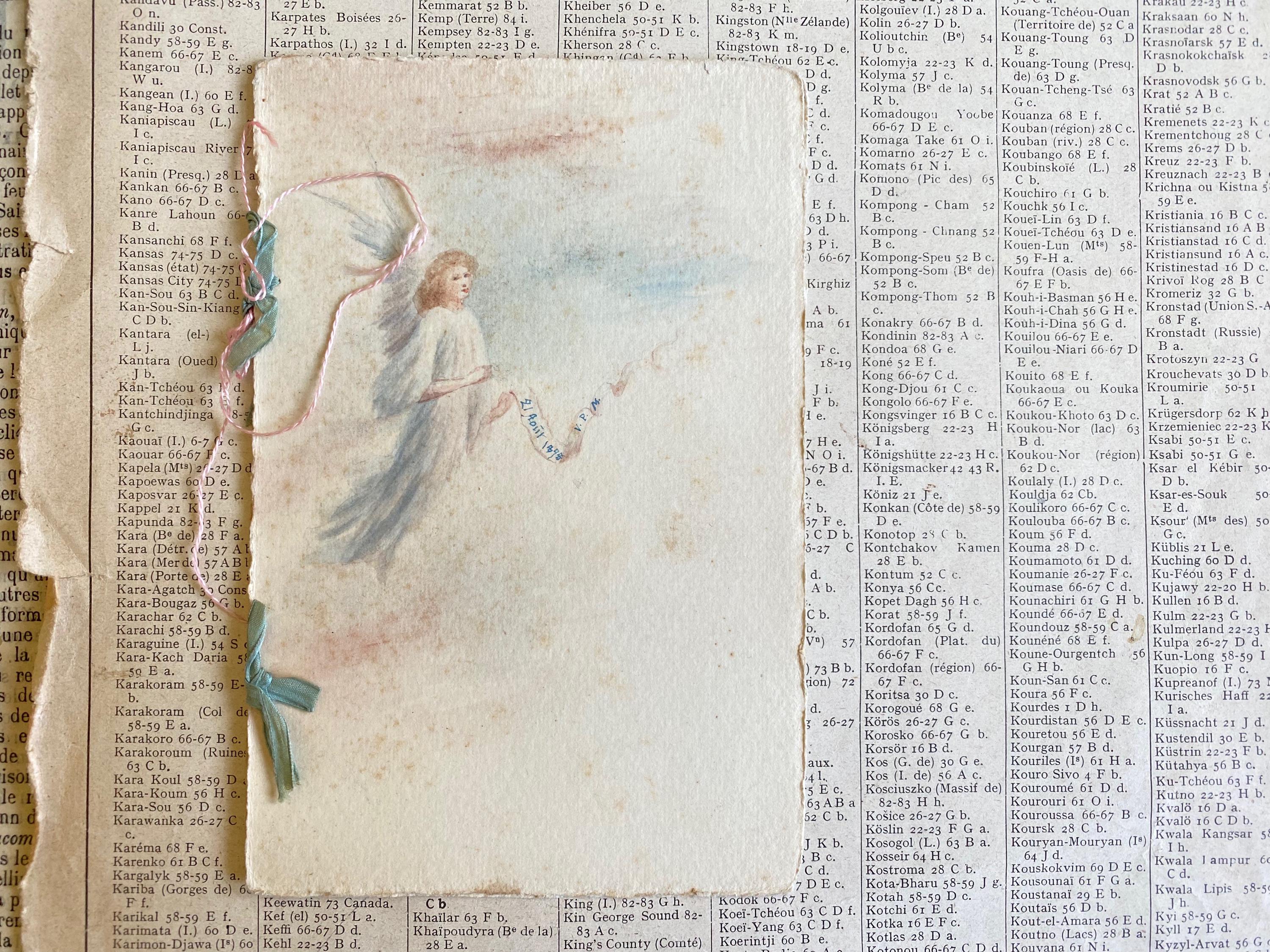 An antique French hand painted card of an angel, 1898