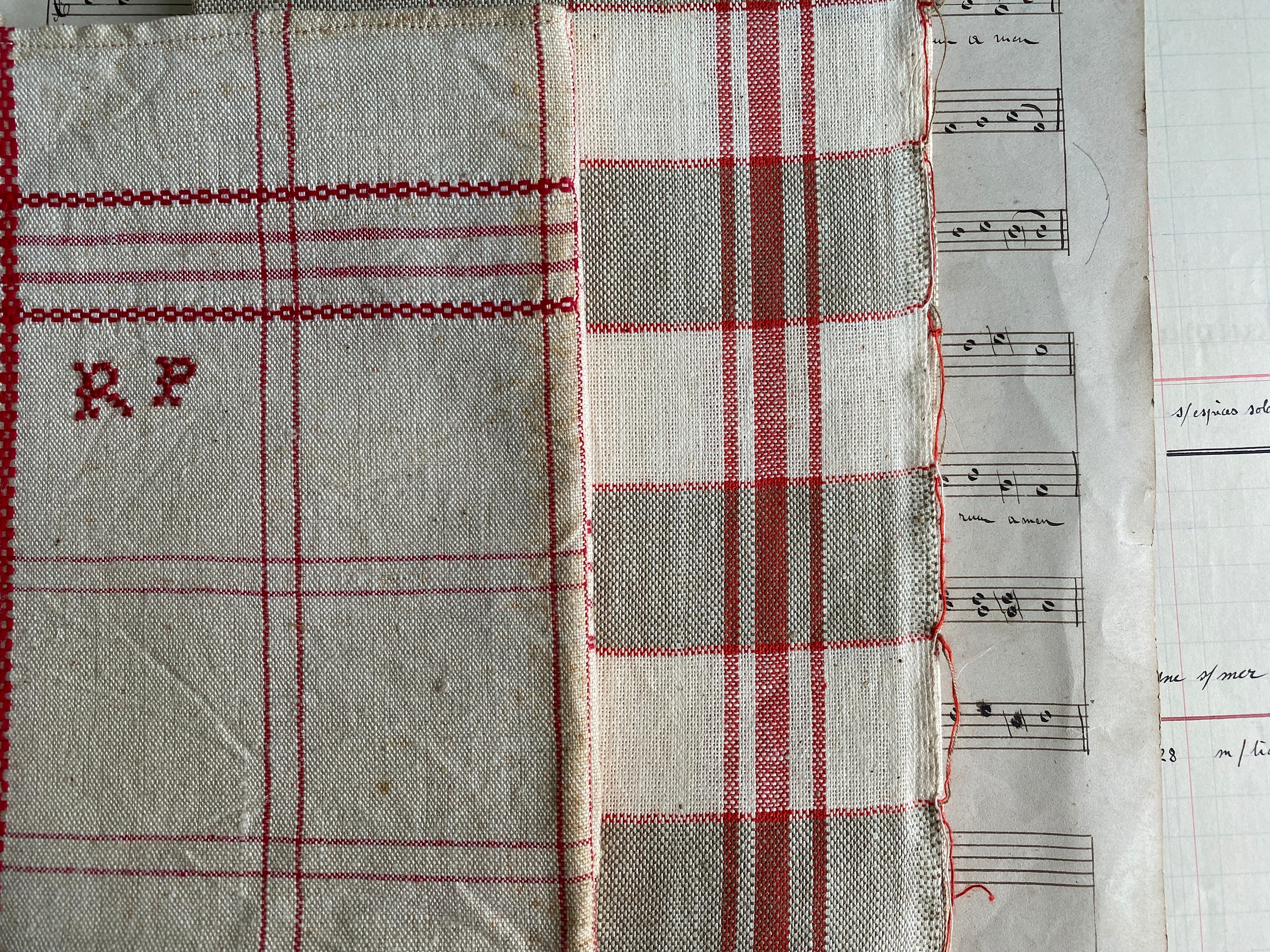 Reserved for Two Vintage French Tea Towels, Ecru and Red
