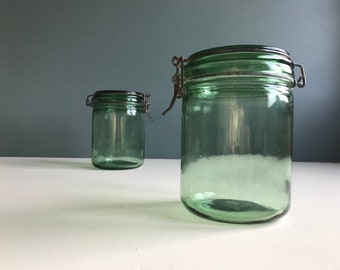 A vintage French Ideal green glass canning jar, preserves jar