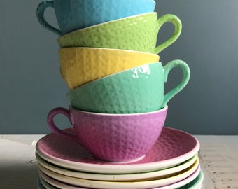 Vintage French Digoin coffee cups and saucers, multicoloured cups and saucers