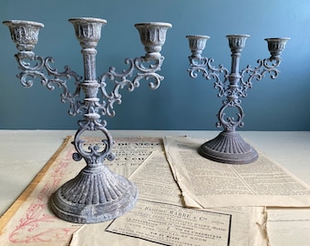 A pair of vintage French candlesticks, shabby chic candlesticks