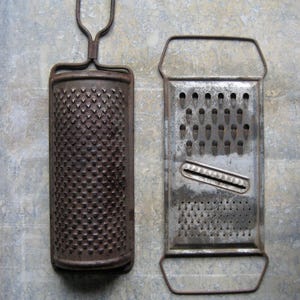Two vintage French graters, rusty graters, kitchen decor, photo props, food styling, texture image 4