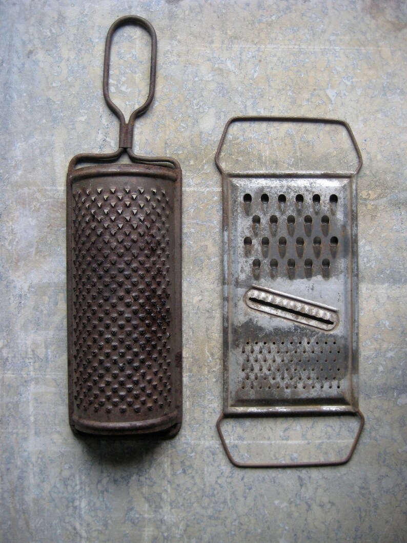 Two vintage French graters, rusty graters, kitchen decor, photo props, food styling, texture image 4