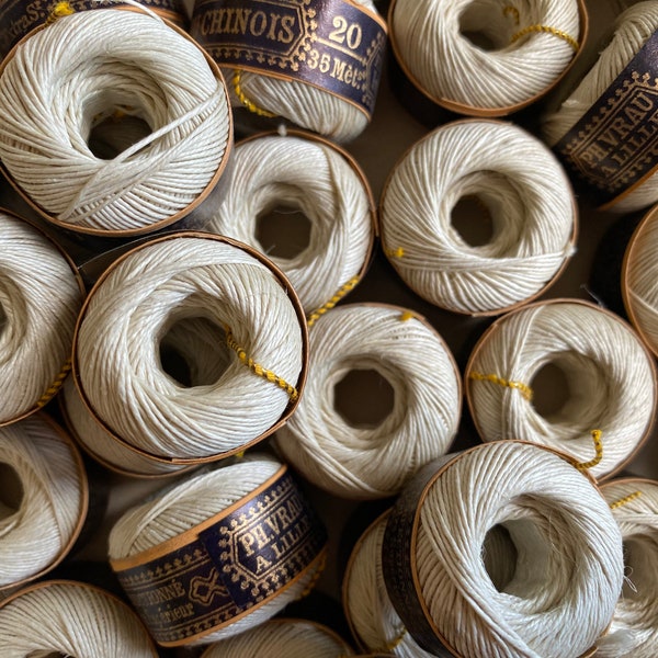 Two spools of vintage French linen thread, ecru linen thread, fil au chinois