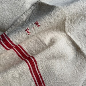 Two vintage French linen teatowels, ecru linen, red stripe