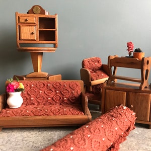 Vintage Swiss dolls house furniture, living room set, Franz Carl Weber, 1950s, Bodo Hennig style, mid century modern doll house furniture