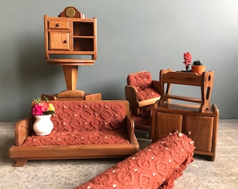 Vintage Swiss dolls house furniture, living room set, Franz Carl Weber, 1950s, Bodo Hennig style, mid century modern doll house furniture