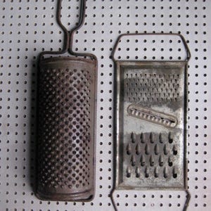 Two vintage French graters, rusty graters, kitchen decor, photo props, food styling, texture image 2