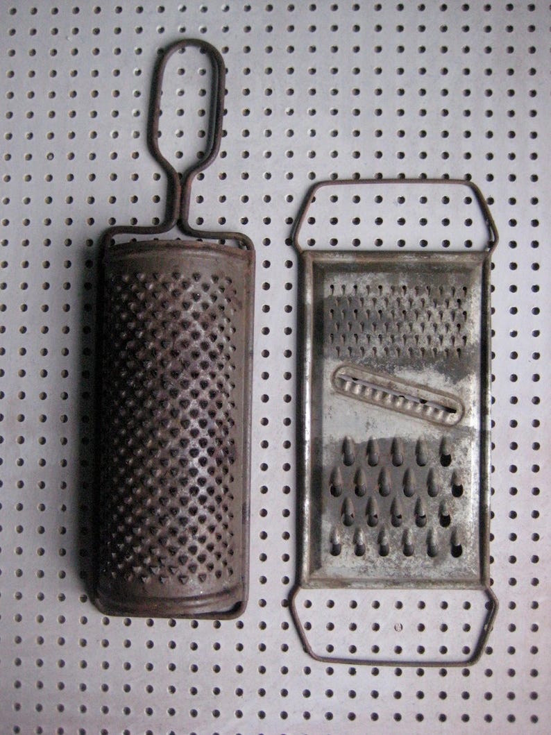 Two vintage French graters, rusty graters, kitchen decor, photo props, food styling, texture image 2