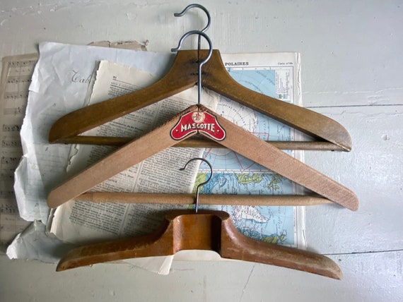 Three Vintage French Coat Hangers, Wooden Coat Hangers 