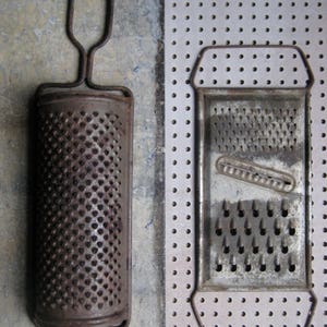 Two vintage French graters, rusty graters, kitchen decor, photo props, food styling, texture image 3