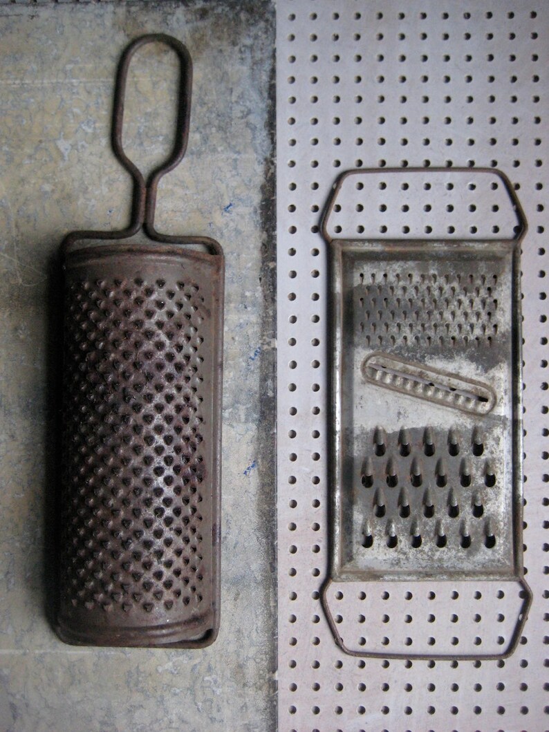 Two vintage French graters, rusty graters, kitchen decor, photo props, food styling, texture image 3