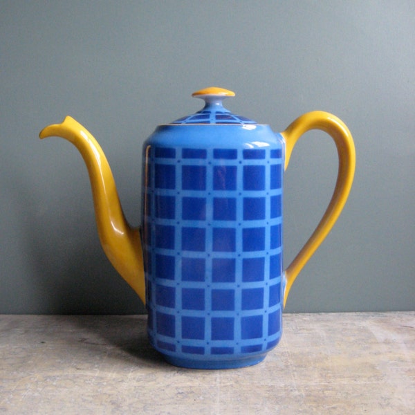 a vintage french porcelain coffee pot, limoges porcelain, blue,yellow, 1940s