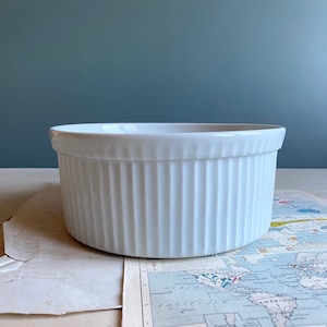 A vintage French white porcelain soufflé dish, oven proof porcelain dish, baking dish