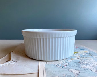 A vintage French white porcelain soufflé dish, oven proof porcelain dish, baking dish